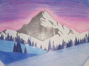 Drawing of a snowy landscape with evergreens and a mountain in the distance